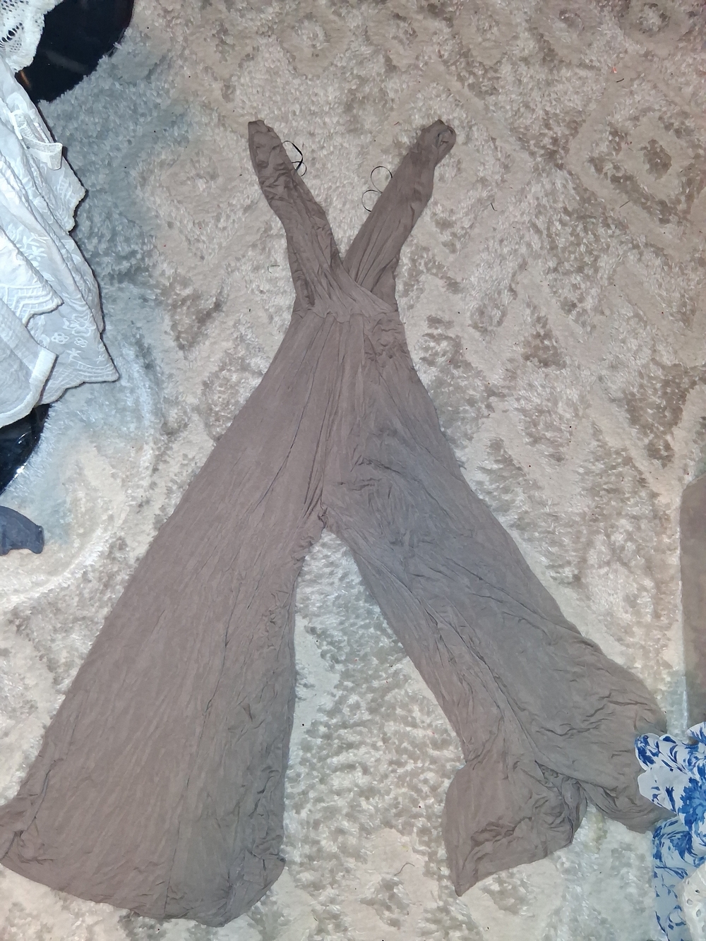 Final Touch Wide-Leg Cross-Front Jumpsuit in Taupe